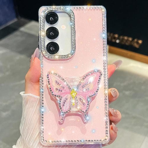 Funda con soporte para Samsung Galaxy A07 5G, diseño de mariposa y diamantes (rosa claro)