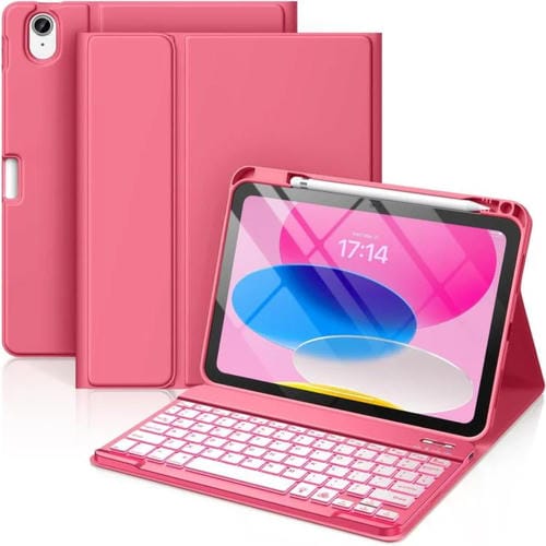 Funda de silicona y cuero con teclado Bluetooth para iPad 2025 con ranura para bolígrafo (rojo begonia)
