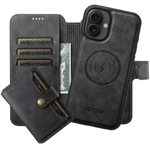 Funda de cuero Suteni Q05S1 3 en 1 con función de billetera desmontable y MagSafe para iPhone 16 (negra)