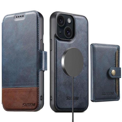 Funda de cuero Suteni Q06S1 3 en 1 con función de billetera desmontable y MagSafe para iPhone 15 Plus (azul)
