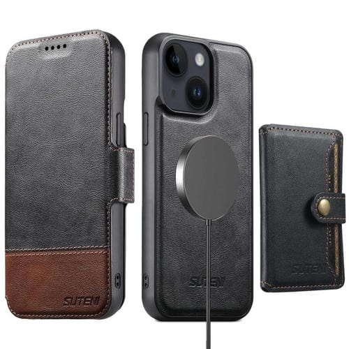 Funda de cuero Suteni Q06S1 3 en 1 con función de billetera desmontable y cierre MagSafe para iPhone 14 Plus (negro)