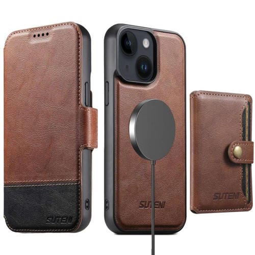 Funda de cuero Suteni Q06S1 3 en 1 con función de billetera desmontable y MagSafe para iPhone 14 (marrón)