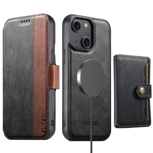 Funda de cuero Suteni Q07S1 3 en 1 con cierre magnético y billetera desmontable para iPhone 14 Plus (negro)