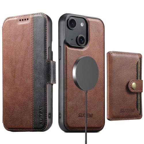Funda de cuero Suteni Q07S1 3 en 1 con cierre magnético y billetera desmontable para iPhone 14 Plus (marrón)