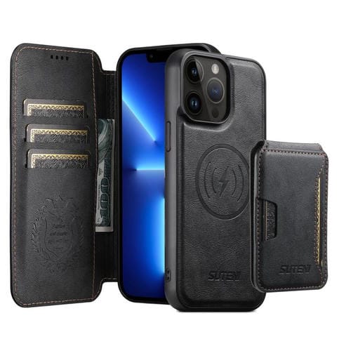 Funda de cuero Suteni Q05S3 3 en 1 con tapa vertical desmontable y función de cierre magnético para iPhone 13 Pro (negro)