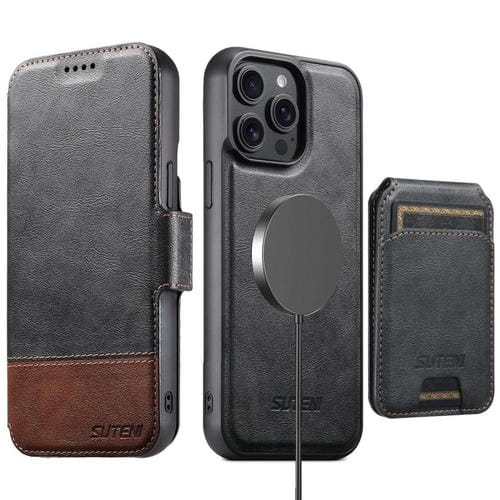 Funda de cuero Suteni Q06S2 3 en 1 con tapa vertical desmontable y cierre MagSafe para iPhone 15 Pro Max (negro)