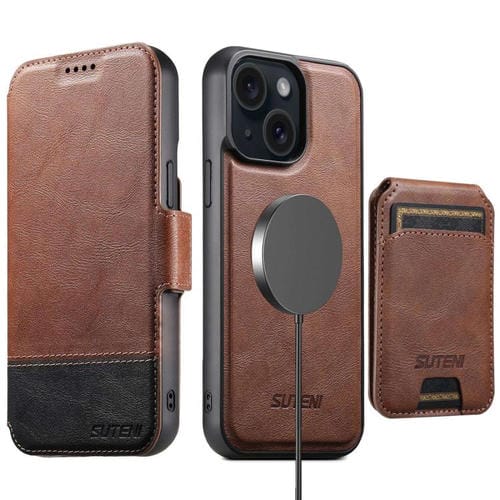 Funda de cuero Suteni Q06S2 3 en 1 con tapa vertical desmontable y cierre MagSafe para iPhone 14 Plus (marrón)
