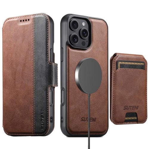 Funda de cuero Suteni Q07S2 3 en 1 con tapa vertical desmontable y cierre MagSafe para iPhone 16 Pro Max (marrón)