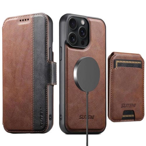 Funda de cuero Suteni Q07S2 3 en 1 con tapa vertical desmontable y cierre MagSafe para iPhone 15 Pro (marrón)