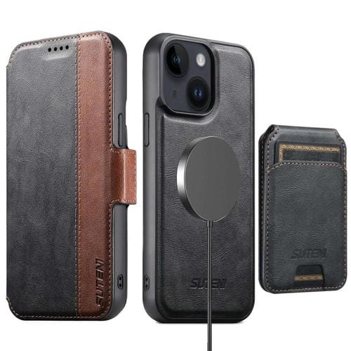 Funda de cuero Suteni Q07S2 3 en 1 con tapa vertical desmontable y cierre MagSafe para iPhone 14 (negro)