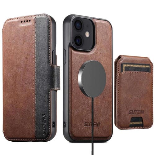 Funda de cuero Suteni Q07S2 3 en 1 con tapa vertical desmontable y cierre MagSafe para iPhone 12 (marrón)