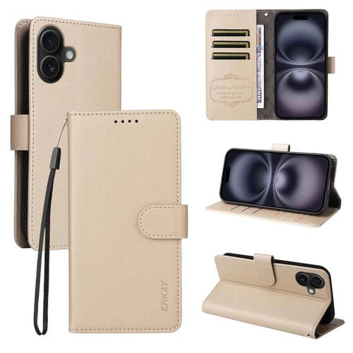 ENKAY - Funda de piel con textura de lichi y bloqueo RFID para iPhone 17 (beige)