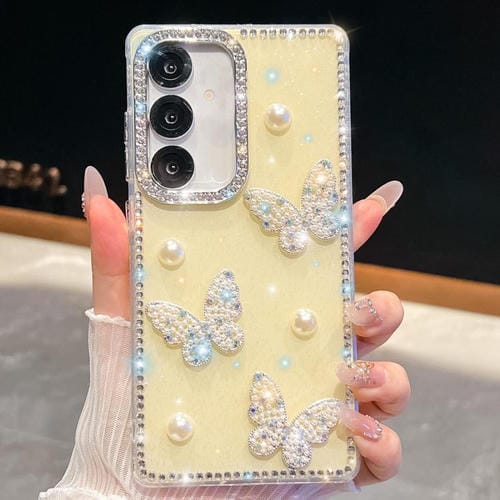 Funda para Samsung Galaxy A07 5G con diseño de mariposa, con purpurina y diamantes, a prueba de golpes (amarillo claro)