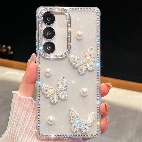 Funda transparente para Samsung Galaxy A17 5G con diseño de mariposa, con purpurina y diamantes en las cuatro esquinas, a prueba de golpes