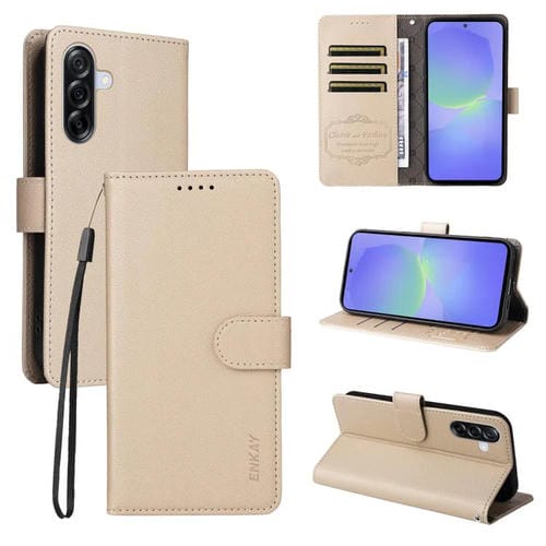 ENKAY - Funda de piel con textura de lichi y función atril para Samsung Galaxy A56 5G (beige)