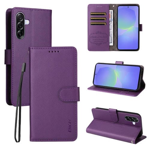 Funda de cuero con textura de lichi y soporte para Samsung Galaxy A36 5G / A36 5G JP ENKAY con bloqueo RFID (morado)