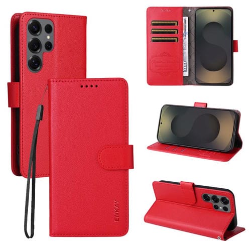 ENKAY - Funda de piel con textura de lichi y función atril para Samsung Galaxy S25 Ultra 5G (roja)