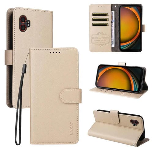 ENKAY - Funda de piel con textura de lichi y función atril para Samsung Galaxy Xcover7 Pro (beige)