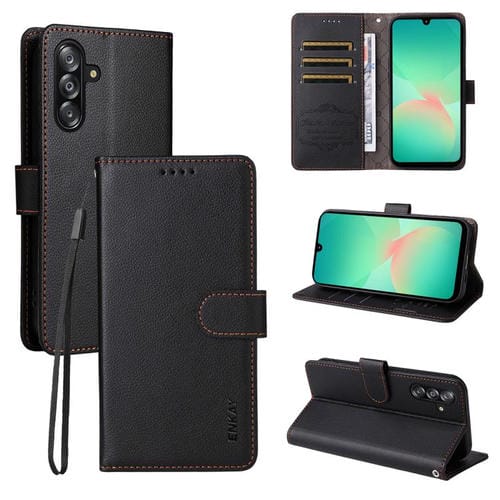 ENKAY - Funda de piel con textura de lichi y función atril para Samsung Galaxy A17 5G / A26 5G / A16 (negro)