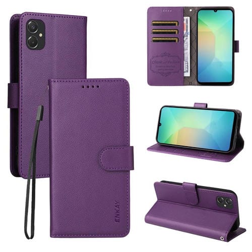 ENKAY - Funda de piel con textura de lichi y función atril para Samsung Galaxy A06 4G/5G (morado)