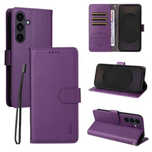 ENKAY - Funda de piel con textura de lichi y función atril para Samsung Galaxy S25/S24 5G (morado)
