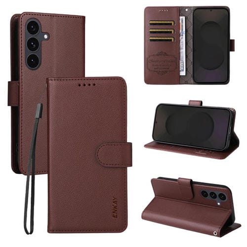 ENKAY - Funda de piel con textura de lichi y función atril para Samsung Galaxy S25/S24 5G (marrón)