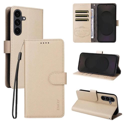 ENKAY - Funda de piel con textura de lichi y función atril para Samsung Galaxy S25+ / S24+ 5G (beige)
