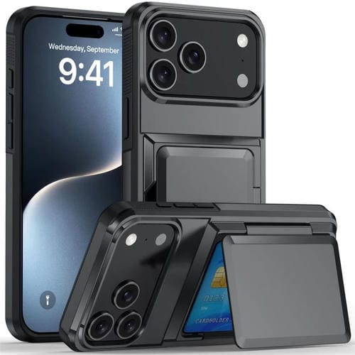 Funda abatible para iPhone 17 Pro, con tarjetero, a prueba de golpes, color gris