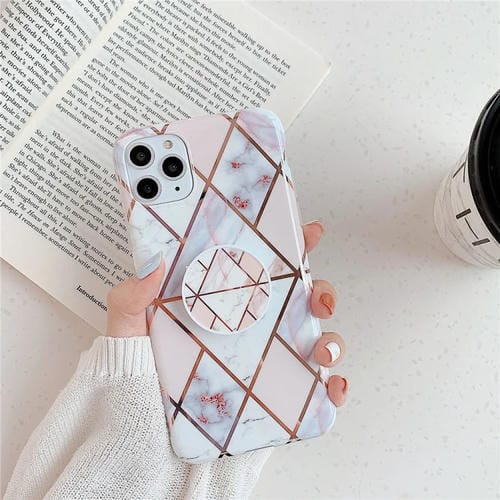 Funda para iPhone 11 Pro TPU Plating Patrón Geométrico Mosaico Mármol con Soporte Plegable (Blanco)