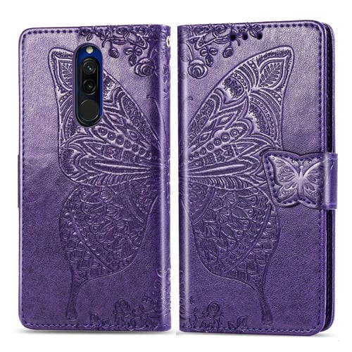 Para Xiaomi Redmi 8 Butterfly Love Flower Funda de Cuero con Tapa Horizontal En Relieve con Soporte Ranura para Tarjeta con Cordón Monedero (Morado Oscuro)
