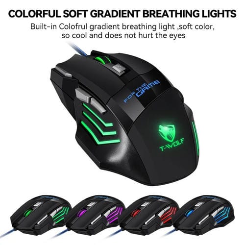 Ratón para Juegos T-Wolf M1 con Cable USB y Luz Ambiental RGB de 7 Teclas (Negro)