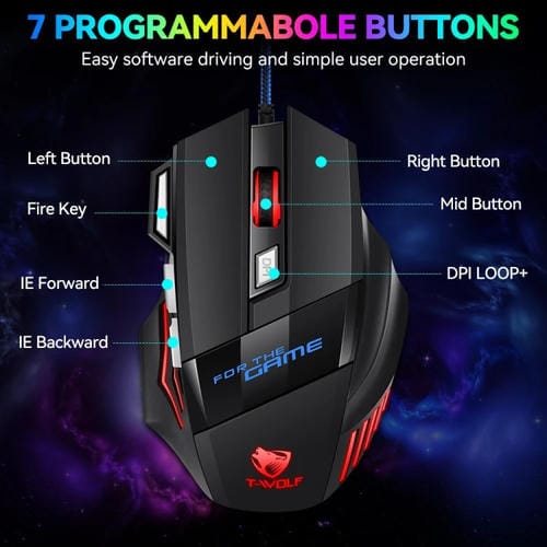 Ratón para Juegos T-Wolf M1 con Cable USB y Luz Ambiental RGB de 7 Teclas (Negro)