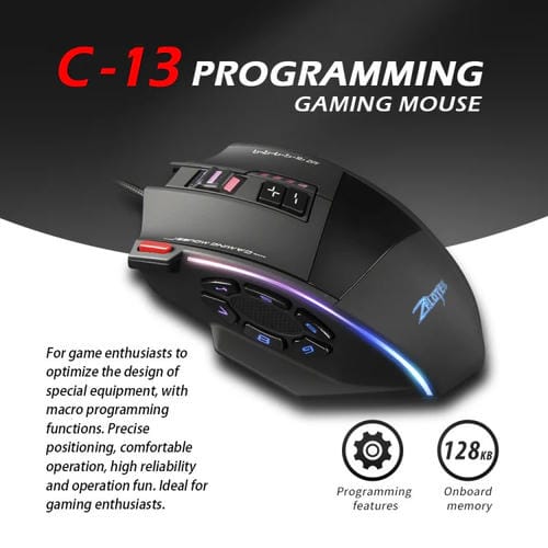 Ratón con Cable para Juegos Zelotes C13 con Macro y Efectos de Iluminación RGB de 13 Teclas (Negro)
