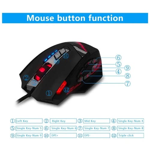 Ratón con Cable para Juegos Zelotes C12 con Programación de 12 Botones Ergonómico (Negro)