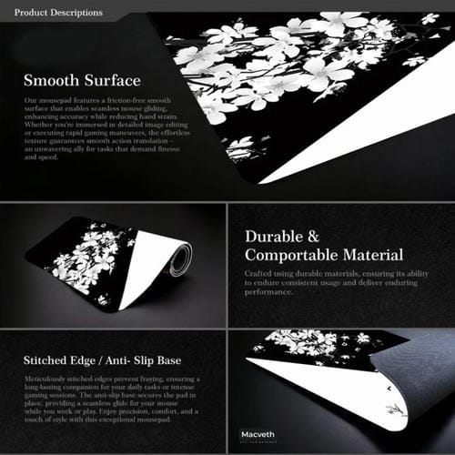 Alfombrilla de Ratón Antideslizante de Goma con Diseño de Flor de Cerezo y Pintura en Tinta 300x600x2 mm (Patrón 3)