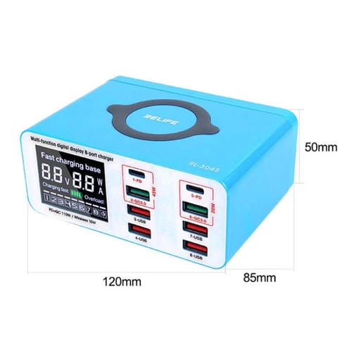 Cargador Rápido Relife Rl-304S 8 Puertos Pantalla Digital Usb PD+QC3.0 (Enchufe Estadounidense)