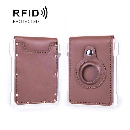 Cartera metálica de piel de vaca para tarjetas de crédito, ranura para AirTag, RFID, antirrobo (café)