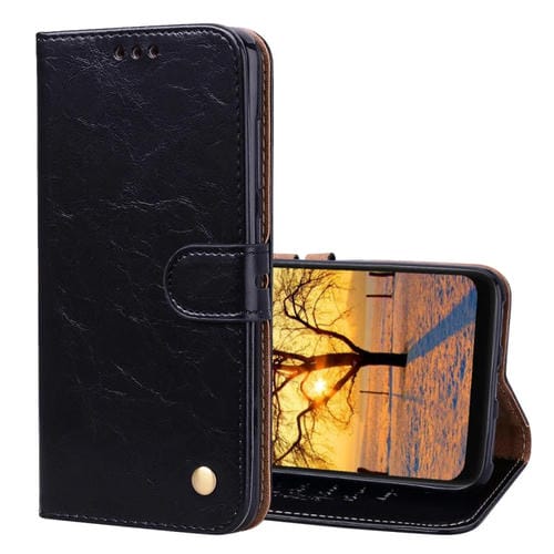 Estuche de Cuero con Tapa Horizontal con Textura de Cera de Aceite de Estilo Empresarial para Xiaomi Pocophone F1, con Soporte, Ranuras para Tarjetas y Billetera (Negro)