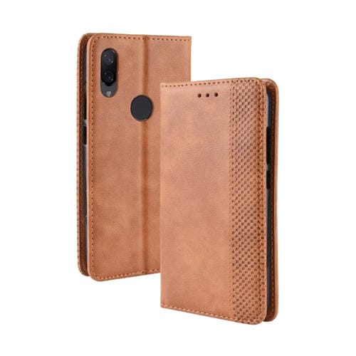 Estuche de Cuero con Tapa Horizontal con Textura Retro y Hebilla Magnética para Xiaomi Redmi Note 7, con Soporte, Ranuras para Tarjetas y Billetera (Marrón)