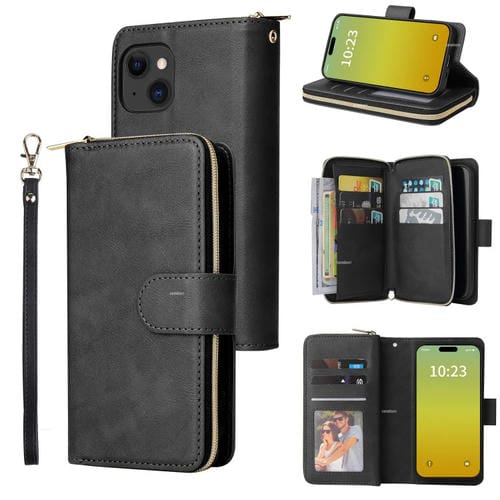 Para iPhone 15 9 Ranuras para Tarjetas Bolso Tipo Billetera con Cremallera Funda de Cuero para Teléfono (Negro) - MOVILSTORE