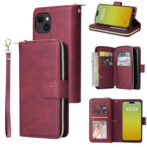 Para iPhone 15 9 Ranuras para Tarjetas Cartera con Cremallera Funda de Cuero para Teléfono (Rojo Vino) - MOVILSTORE