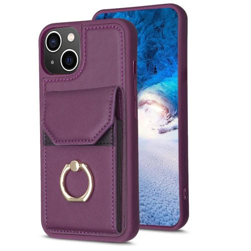 Para iPhone 15 Bf29 Funda para Teléfono con Soporte para Anillo y Bolsa para Tarjeta de Órgano (Púrpura Oscuro) - MOVILSTORE