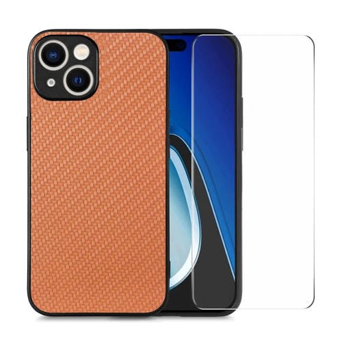 Para iPhone 15 Enkay Funda para Teléfono con Piel de Cuero y Fibra para PC con Película de Vidrio con Alto Contenido de Aluminio y Silicio (Marrón) - MOVILSTORE