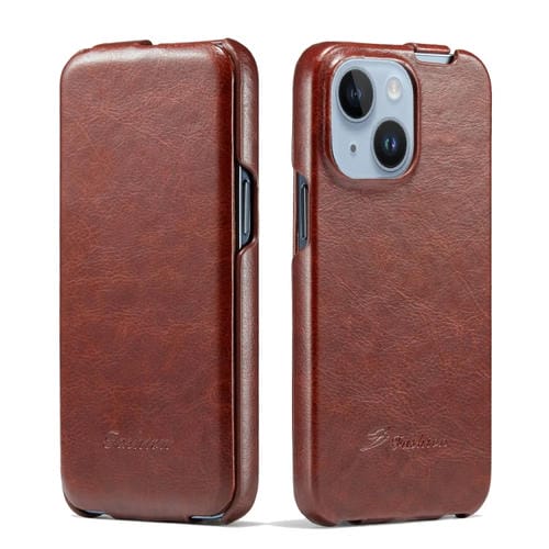 Para iPhone 15 Fierre Shann Oil Wax Texture Funda para Teléfono Pu con Tapa Vertical (Marrón) - MOVILSTORE