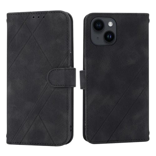 Para iPhone 15 Funda de Cuero con LĂnea En Relieve y CordĂłn (Negro) - MOVILSTORE