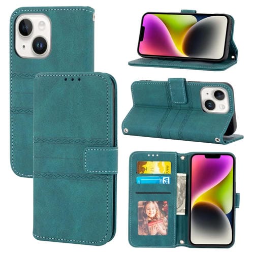 Para iPhone 15 Funda de Cuero con Sensación de Piel y Rayas En Relieve (Verde Oscuro) - MOVILSTORE