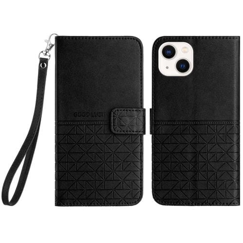 Para iPhone 15 Funda de Cuero con Textura Rómbica y Cordón (Negro) - MOVILSTORE