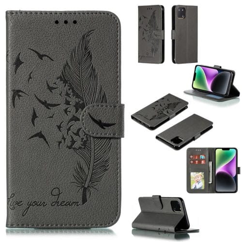 Para iPhone 15 Funda de Cuero para Teléfono con Textura Litchi con Patrón de Plumas (Gris) - MOVILSTORE