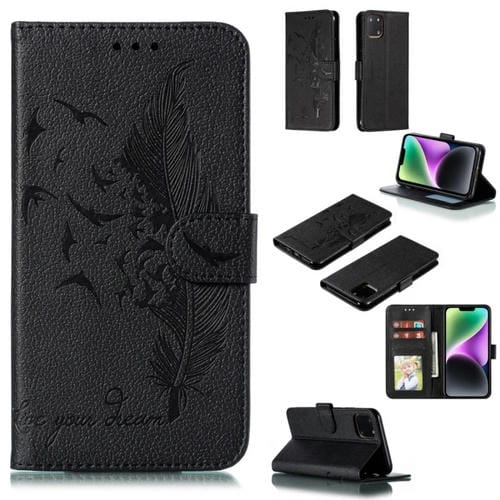 Para iPhone 15 Funda de Cuero para Teléfono con Textura Litchi con Patrón de Plumas (Negro) - MOVILSTORE