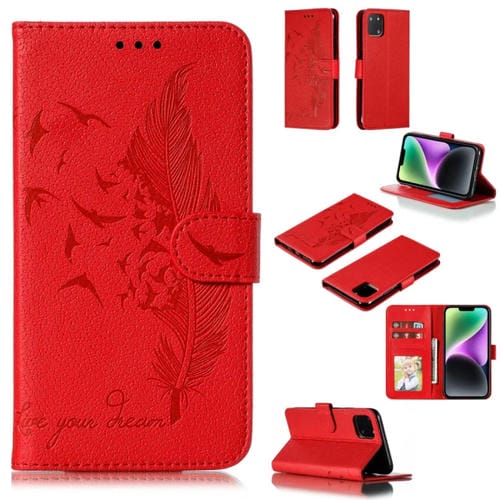 Para iPhone 15 Funda de Cuero para Teléfono con Textura Litchi con Patrón de Plumas (Rojo) - MOVILSTORE